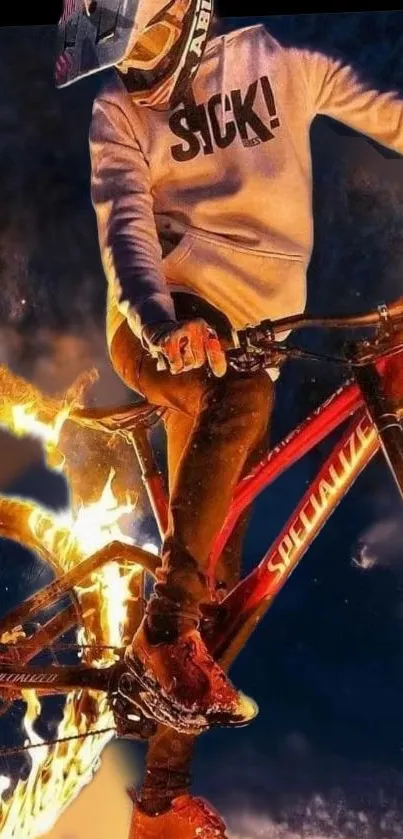 Biker engulfed in fire doing a daring stunt on a fiery cycle at night.