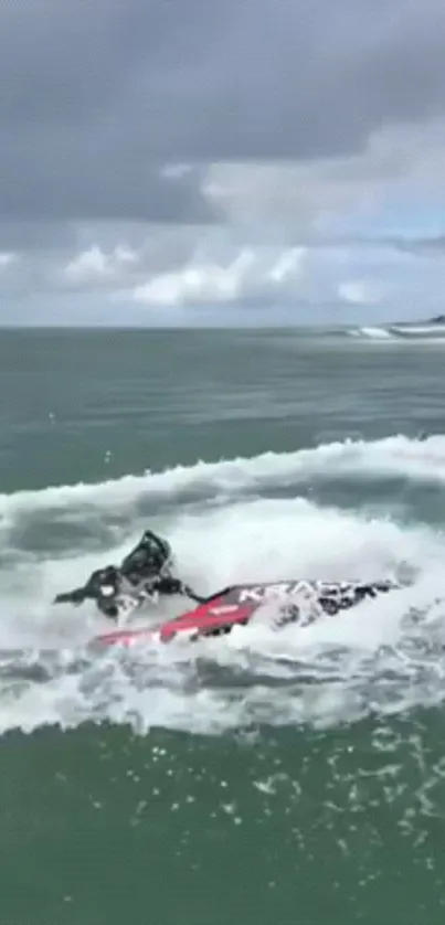 Jet ski splashes through ocean waves, creating a thrilling water adventure.