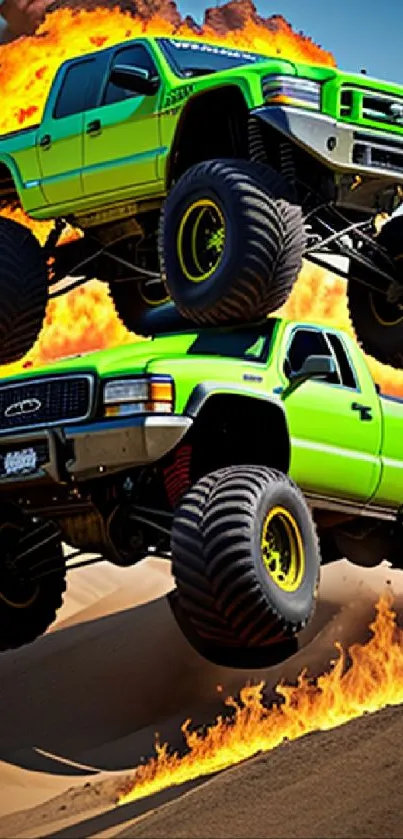 Lime green monster trucks with flames in desert scene.