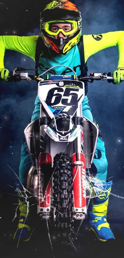 Motocross rider in neon gear on dirt bike in action pose.