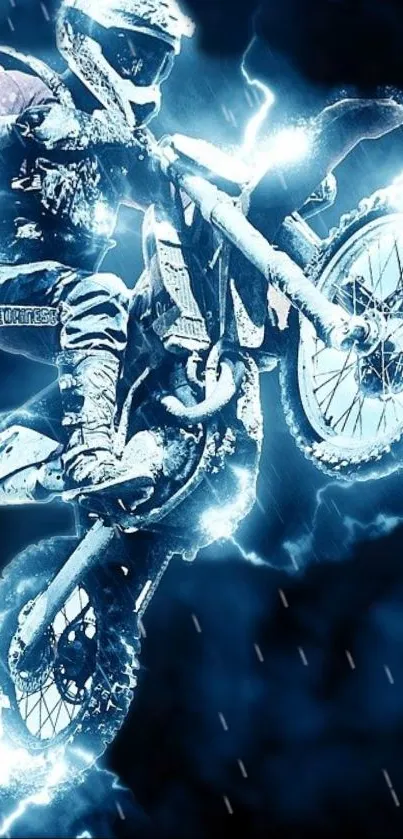 Dramatic motocross jump amidst blue lightning.