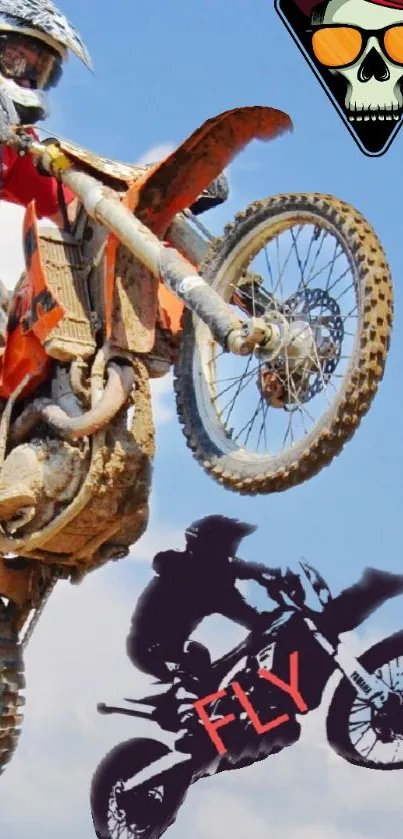 Motocross bike performing a high-flying jump, set against a vibrant background.