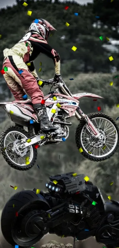 Motocross rider performs jump with colorful confetti background.