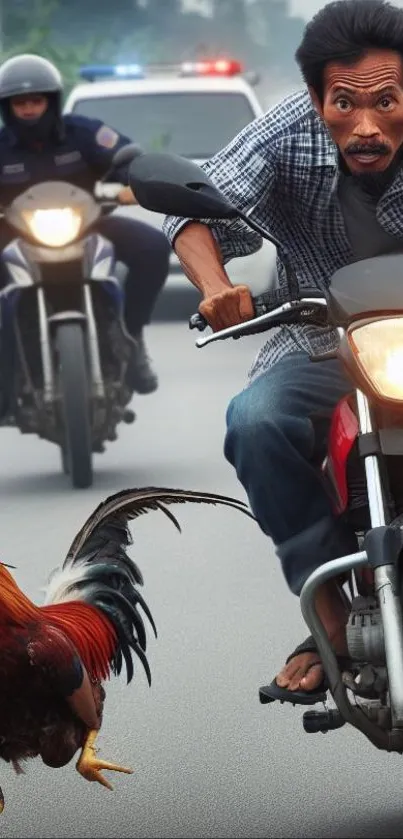 Man on motorcycle chased by police and rooster.