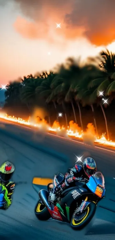 Motorcycles racing against a fiery sky backdrop with palm trees.