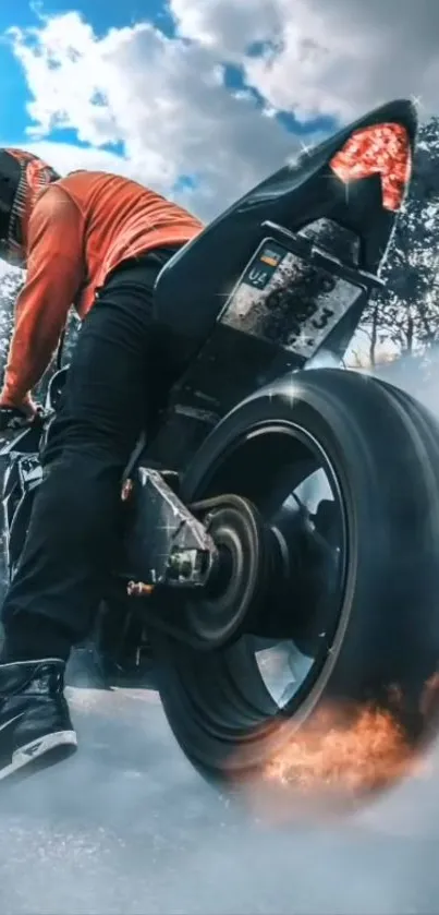 Biker performing a smoky burnout on a motorcycle under a vibrant blue sky.