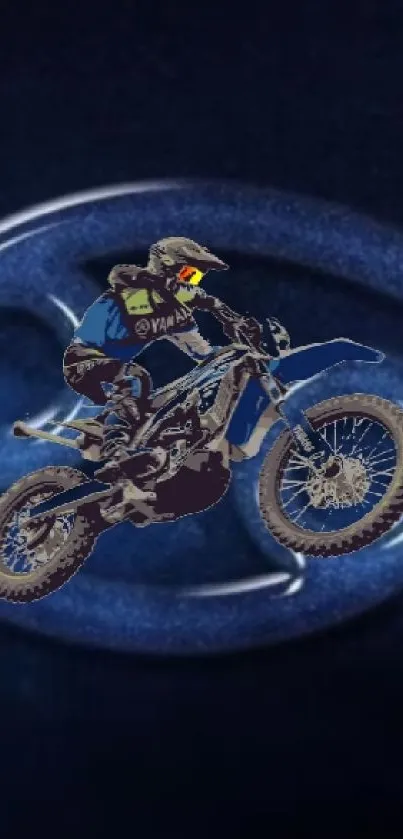 Thrilling motorcycle jump on a blue abstract background.