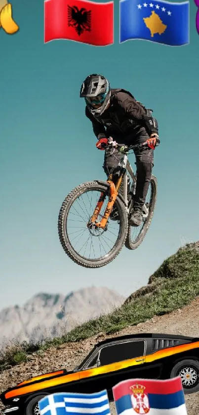 Mountain biker performs stunt over scenic view.