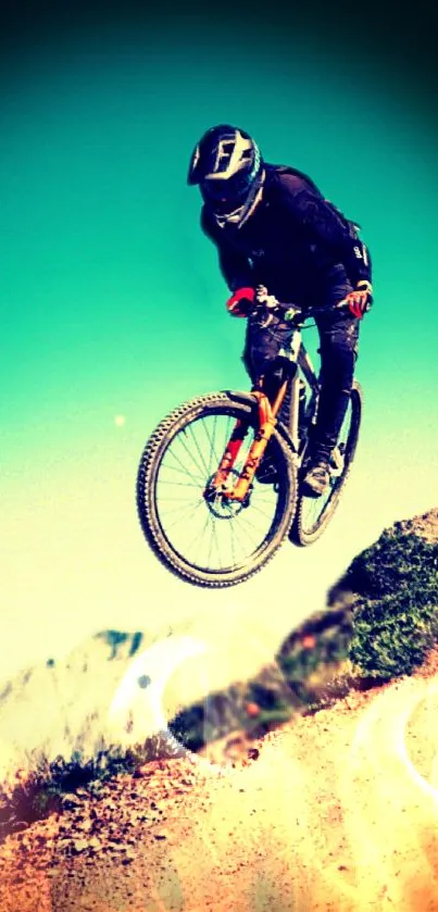 Mountain biker airborne on scenic trail, vibrant colors.