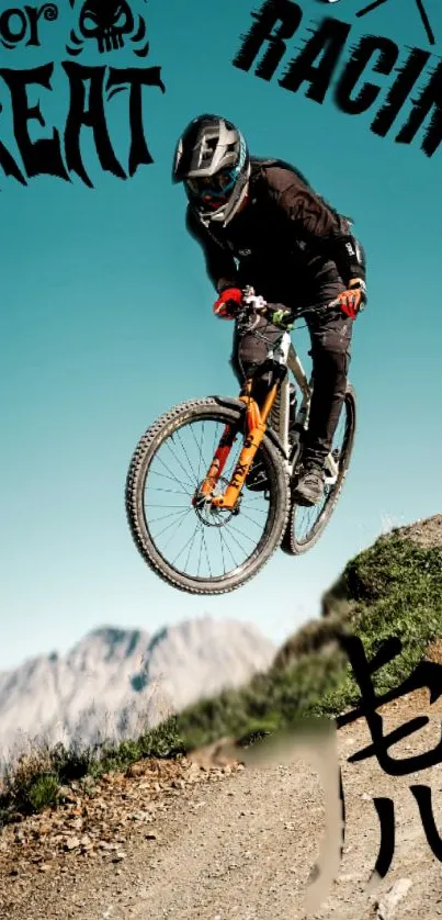 Mountain biker jumping with Halloween text and blue sky background.