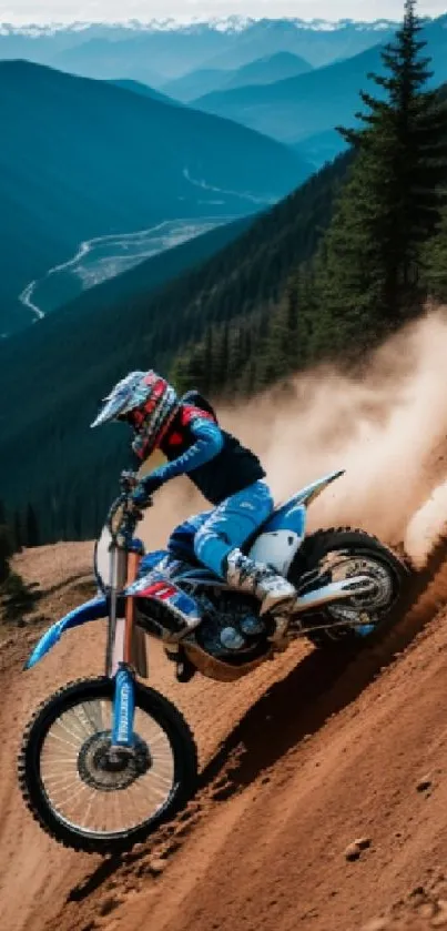 Rider on dirt bike descending mountain trail.