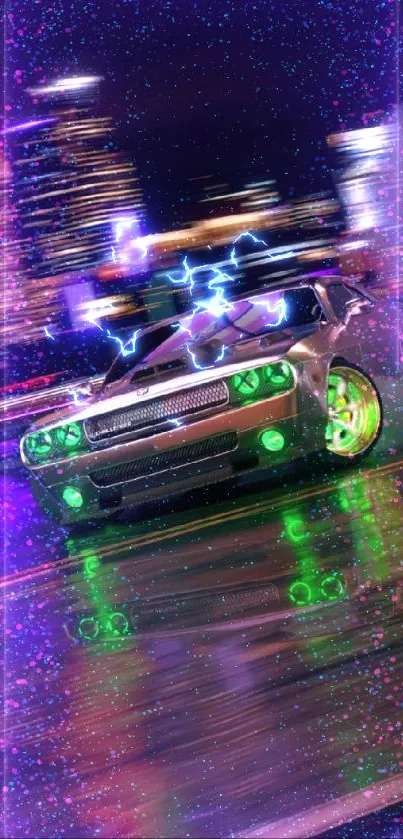 Dynamic car drifting in a vibrant city at night with glowing green lights.