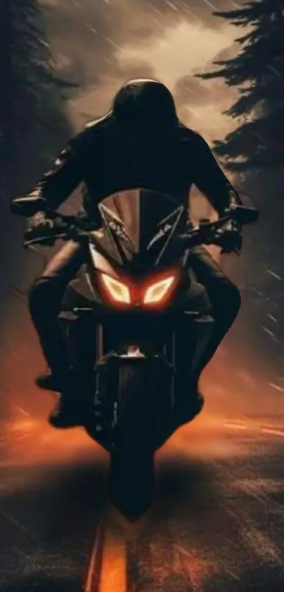 Motorcyclist with orange lights in a dark forest.