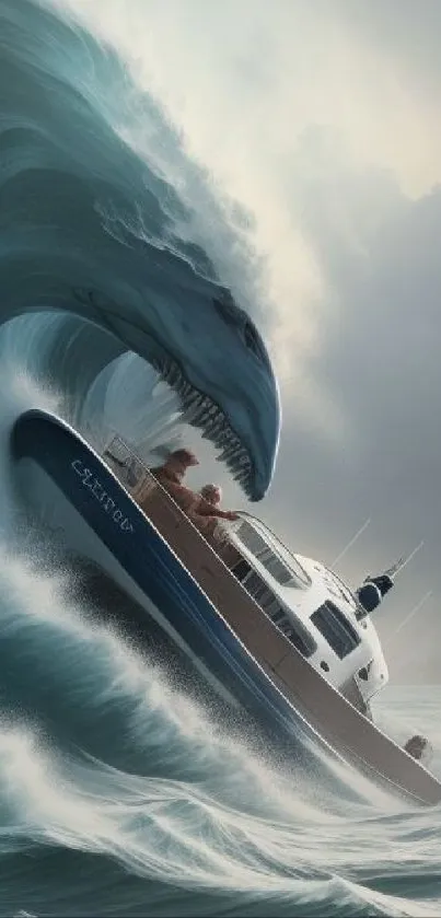 Boat facing a giant wave resembling a sea monster in dramatic ocean scene.