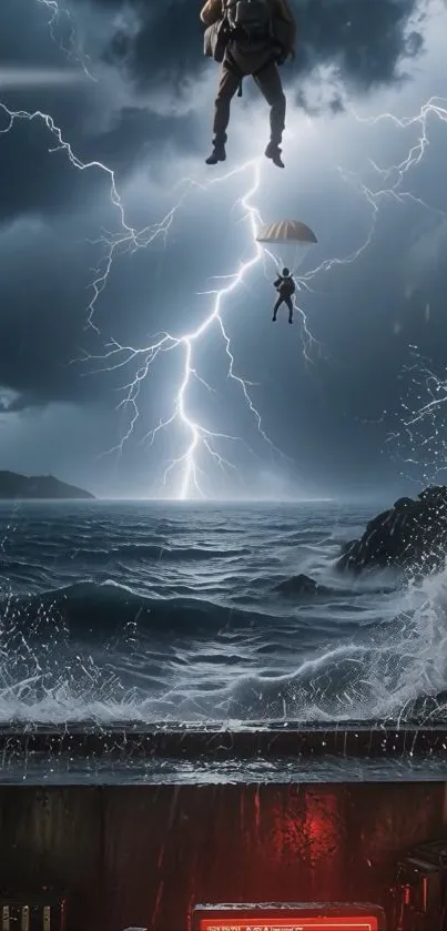 Parachutists in stormy ocean scene with lightning.