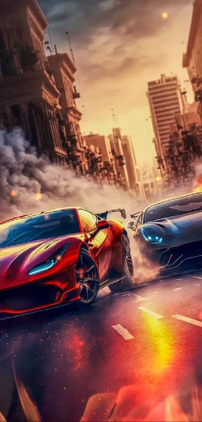 High-speed sports cars racing on a dramatic city street at sunset.