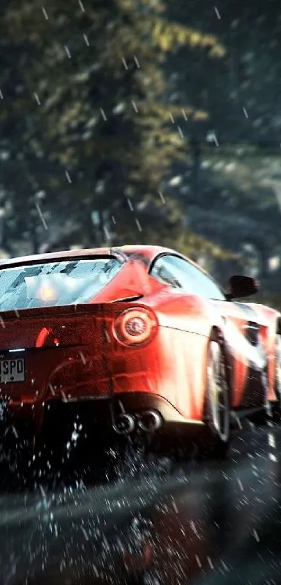 Red sports car speeding on wet forest road at high speed.