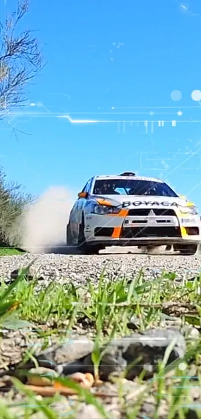 Rally car racing on a dirt road with a striking blue sky backdrop.