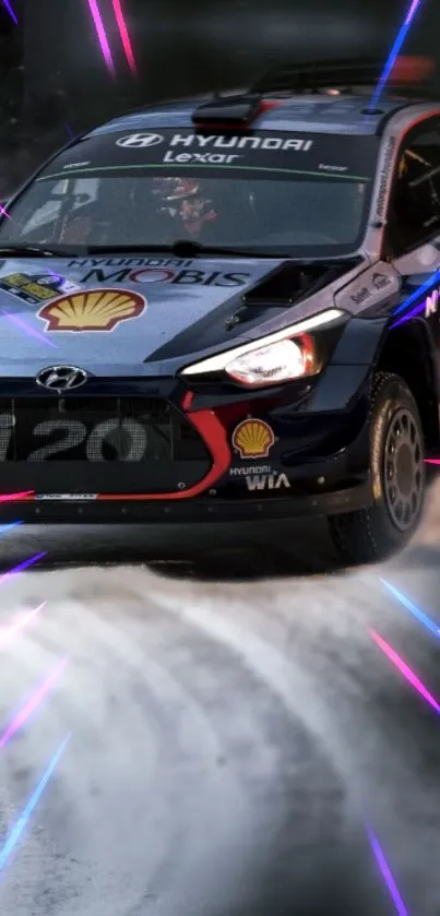 Dynamic rally car in action on a dirt road with colorful neon streaks.