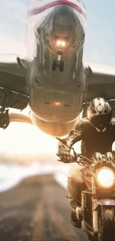 Motorcyclist dashes under low-flying airplane