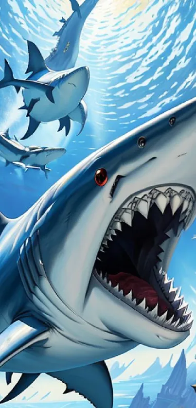 Dynamic shark and ocean life wallpaper in vibrant blue tones.