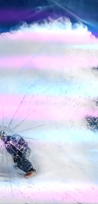 Snowboarder creating dynamic snow clouds on a mountain slope with clear blue sky.