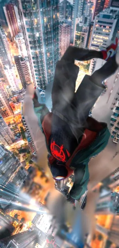 A superhero dives into a vibrant urban skyline, surrounded by tall city buildings.