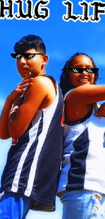 Thug Life duo in sunglasses against a blue sky background.