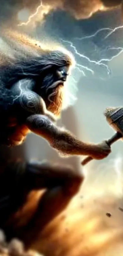 Thunder god holding hammer under stormy sky wallpaper.