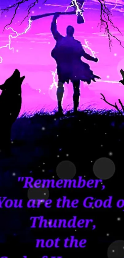 Silhouette of thunder god with wolf and purple sky.