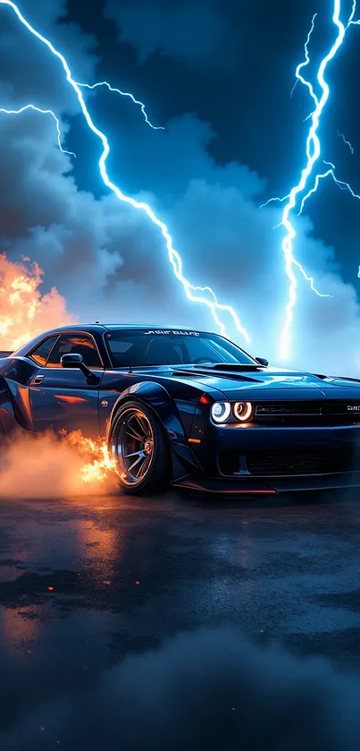 Muscle car with lightning storm backdrop on fiery road.