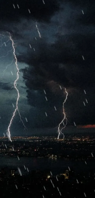 Thunderstorm with lightning over a cityscape at night.