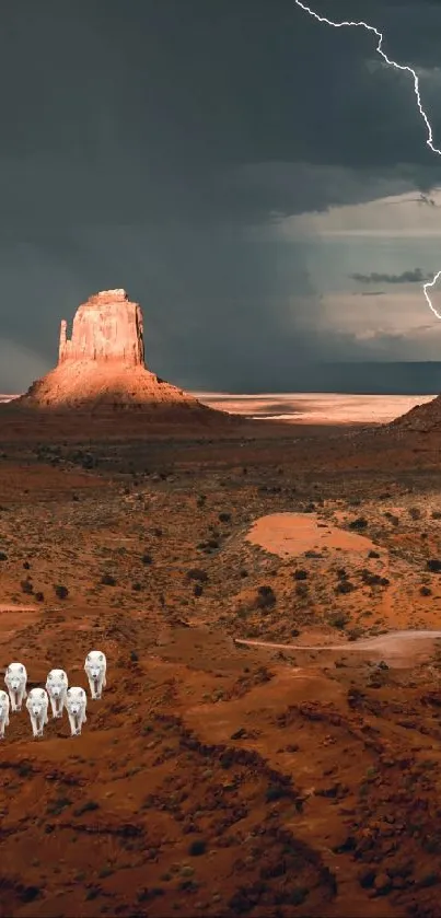 Astronauts in desert with lightning and stormy sky.