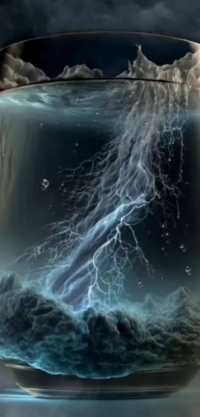 A striking thunderstorm contained in a glass with dark tones and lightning effect.