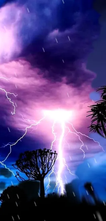 Vivid lightning storm over dark silhouetted trees.