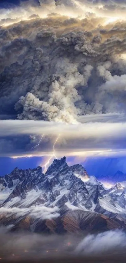 Thunderstorm with lightning over mountain peaks.