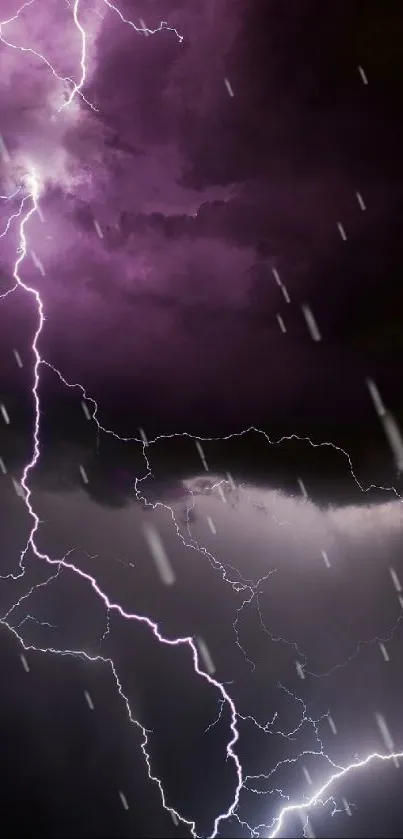 Purple lightning in a stormy sky with rain and dark clouds.