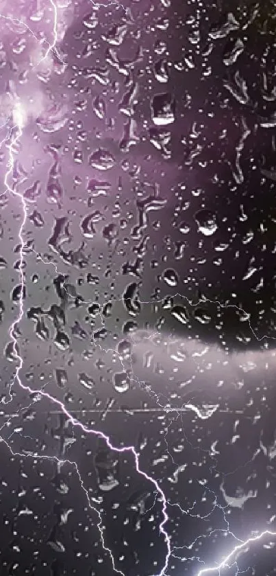 Lightning and raindrops on a stormy purple night.