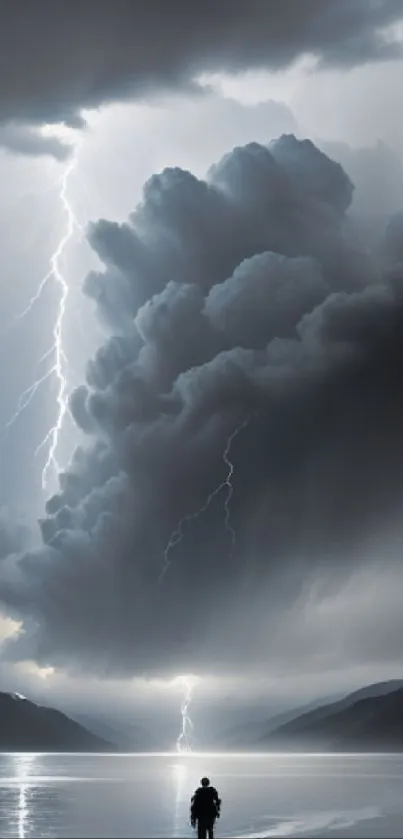 Silhouette against a stormy sky with lightning over reflective water.