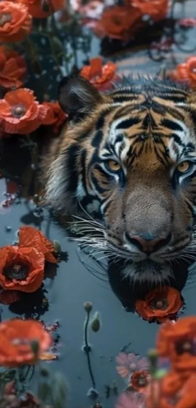 Majestic tiger submerged among red poppies in serene water.