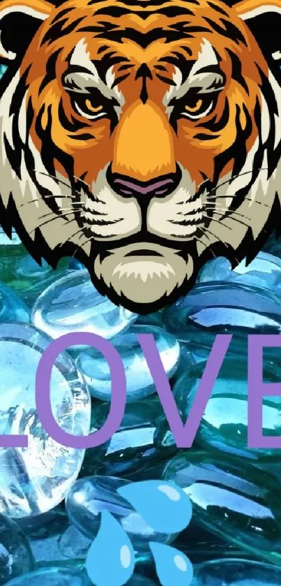 Illustrated tiger over blue gemstones with love text.