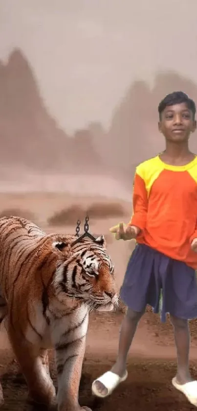 A young boy stands with a tiger in a desert landscape.