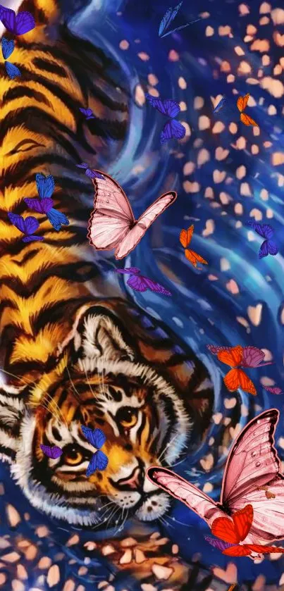 Colorful tiger with butterflies on a vibrant, abstract background.