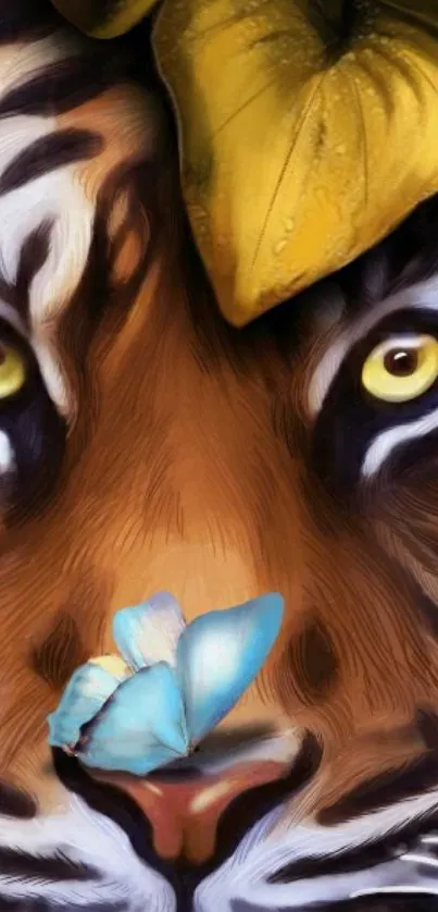 Tiger face with a blue butterfly perched on its nose.