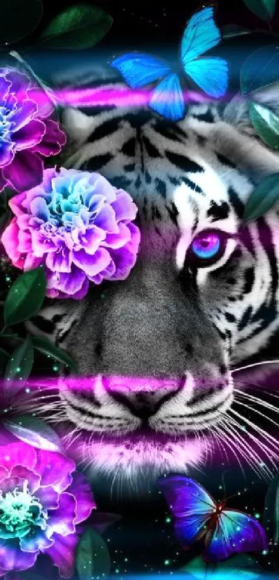 Colorful tiger and butterfly wallpaper with vibrant flowers.