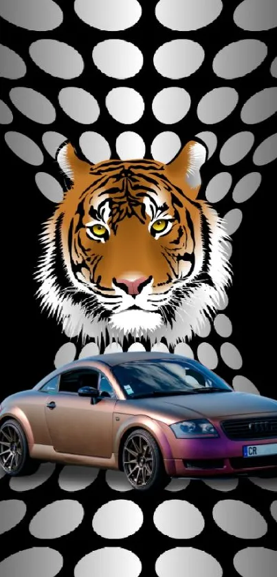 Fierce tiger face and sports car art wallpaper with dotted pattern.