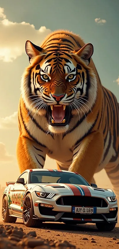 Majestic tiger towering over a sleek car at sunset.