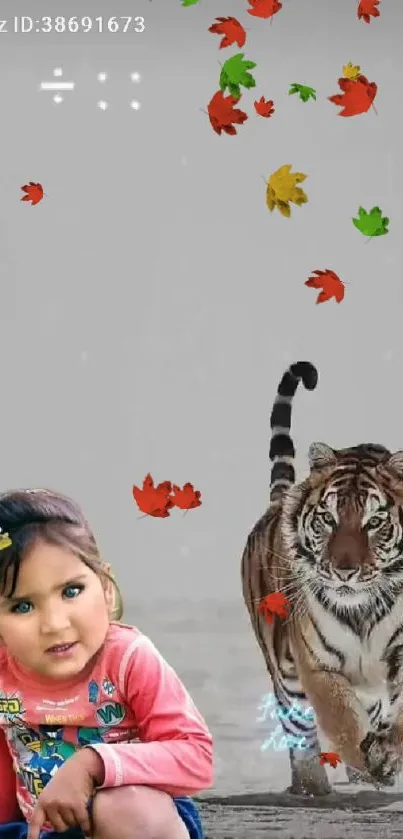 A child with a tiger in a creative wallpaper design.