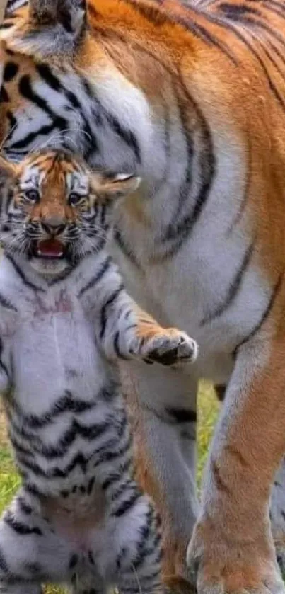 Cute tiger cub standing beside its parent in the grass.