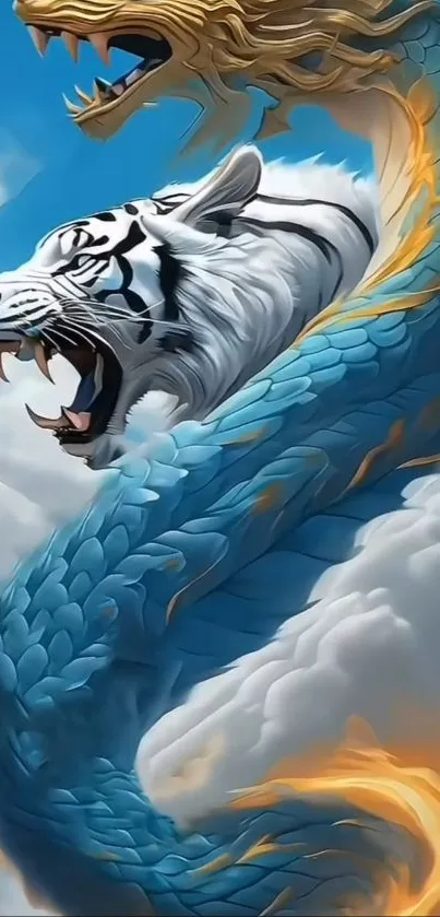 White tiger and blue dragon in fantasy sky.